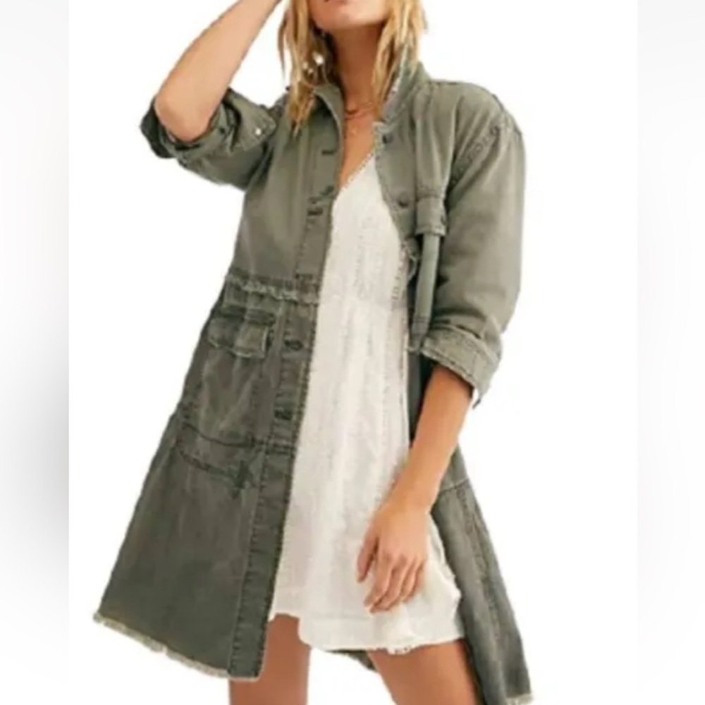 NWT- Free People Forever Free Cotton Tiered Jacket Military Green 💯 Cotton